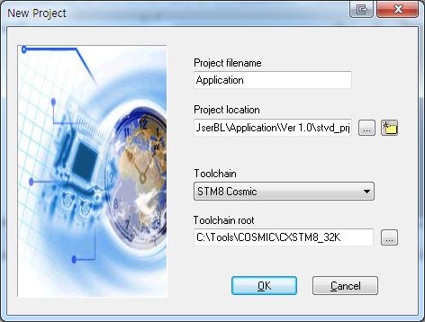 OK 를클릭하면그림 5 와같이 NewProject 창이뜨는데 Project filename 을입력하고 Toolchain 을 STM8 Cosmic 으로선택하고 Cosmic compiler 가설 치되어있는 Directory 를선택합니다.