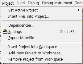 Build configuration, Debug/Release 또는사용 자정의환경을선택할수있음. 설정탭. 그림 14 Work Space 에포함된프로젝트파일을표시하는창하나의 Work Space 에는여러개의프 로젝트가포함될수있음. 프로젝트추가는 Project 메뉴에서 Insert/Add New Project to Workspace 에서할수있음. 2.3.1. General tab 처음프로젝트생성시입력한정보가표시됩니다.