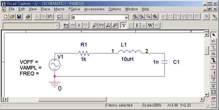 선그리기완료화면 가 -(3) 소자값및교류전원패러미터 (Parameter) 입력하기 저항값입력하기 1 저항심벌을 2번클릭하여
