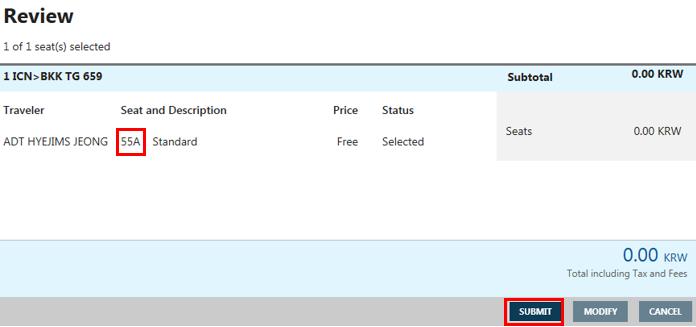 STEP 4 : REVIEW 화면에서좌석선택내역재확인후, 하단의