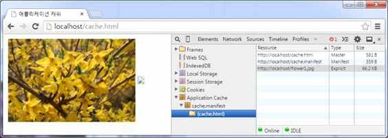 Ÿ 애플리케이션문서에서매니페스트파일을다음과같이지정한다. <!DOCTYPE html> <html manifest=" 매니페스트파일이름 ( 예 : cache.manifest)"> </html> Ÿ 매니페스트파일을지정하면해당문서호출이후부터캐시가동작하게된다. 그리고해당문서는 CACHE 섹션에서지정하지않아도자동으로캐시가된다. 1.4 오프라인접근예제 cache.