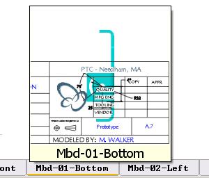 4. Mbd-00-Front tab, Mbd-01-Bottom, Mbd-02-Left, Mbd-03-Right 을클릭한다. 다른각도로부터의모델정보를검토하기위해 Show_All combined view 탭이나타난다. Show_All view 탭위에 RMB 을클릭한다. 모든바로가기메뉴를미리보기한다. Redefine 을선택한다.