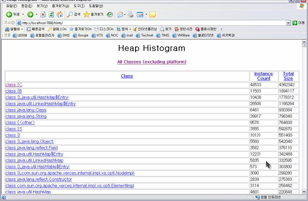 여기에서 heap histogram 을누르면 JVM 의메모리에로드된객체들의통계를볼수있다. 3.