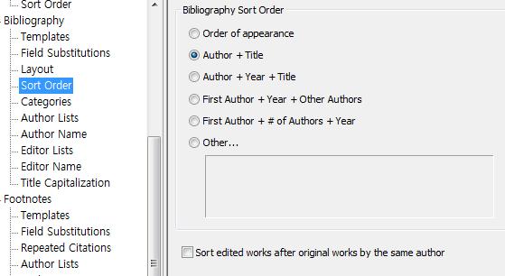 Order 참고문헌리스트출력순서지정 인용된순서대로정렬 저자명 + 제목의알파벳순서대로 저자명 + 출판년도 +