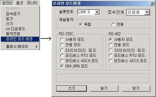 제 10 장프레임편집기 4) 온라인모드변경에서 Cnet 모듈이장착된슬롯번호 0 번및접속단계를리모트로설정합니다. 5) 채널동작은독립채널에서원하는형식을지정합니다.[ 주 1] 알아두기 [ 주 1] G6L-CUEB 의경우는 RS-232C 채널 G6L-CUEC 의경우는 RS-422 채널에대해서만설정값이유효합니다. 두가지모듈의경우연동모드로동작하지않습니다.