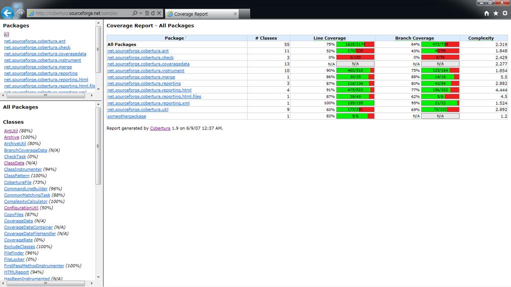 커버리지를측정하여 XML, HTML로보고 작성된코드의커버리지보고
