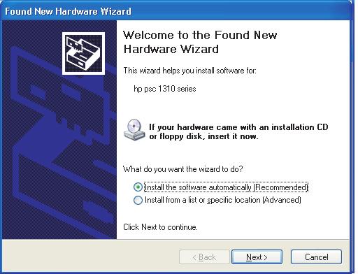 USB 문제해결 www.hp.com/support 문제 : (Windows) Microsoft 하드웨어추가화면이나타납니다. 해결 : 모든화면을취소합니다.
