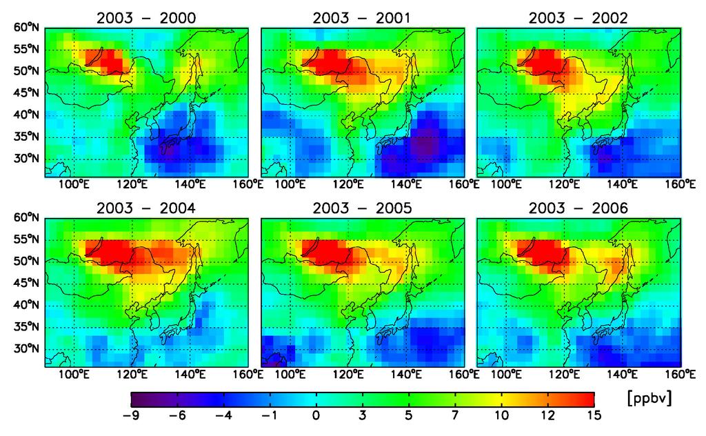 박록진 정재인 윤대옥 Fig. 6. Differences in three-month averaged daytime surface ozone concentrations between the year 2003 and the years 2000 to 2006. 동안의동아시아에서오존농도의변화를살펴보기위해 2000 년에서 2006 년까지봄철오존모의를수행하였다.