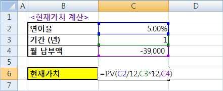 납입시기 : 1이면기초, 0또는생략하면기말입니다. 1 년 (12 개월 ) 동안월납부액이 39,000 원이고연이율이 5% 일때현재가치를구하여보자.