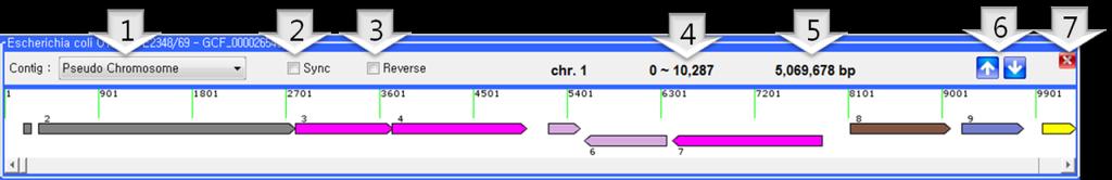 GENOME 패널의내용 한개의 genome 데이터는하나의 clg (*.clg) 파일로만들어지며, 여러개의 clg (*.clg) 파일들을동시에여는경우여러개의 genome 패널들이 CLgenomics TM 내에생성됩니다. Figure 7의경우 3개의 genome이로딩되어있습니다. Genome 패널은크게메뉴패널과 feature 패널로구분할수있습니다.