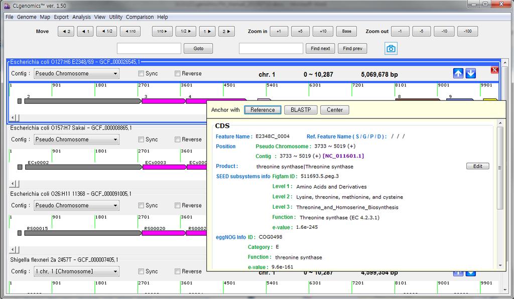 해당 feature가 leading strand 또는 lagging strand 중에어디에속하는가에따라방향성을가지고있으며, 막대의컬러는 eggnog category 컬러와같고, RNA 및 hypothetical protein은흰색으로나타납니다.