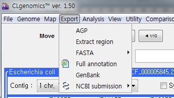 Figure 16. Export 메뉴의구성. 이를이용해 genome 데이터를원하는형식으로저장가능합니다. [Export > AGP]: Scaffold 정보를보여주는 AGP 파일을저장합니다. 저장된 AGP 파일은 MS Excel이나기타텍스트뷰어로열수있습니다. Sequencing 결과, scaffold가생성되지않았을경우나오지않습니다.