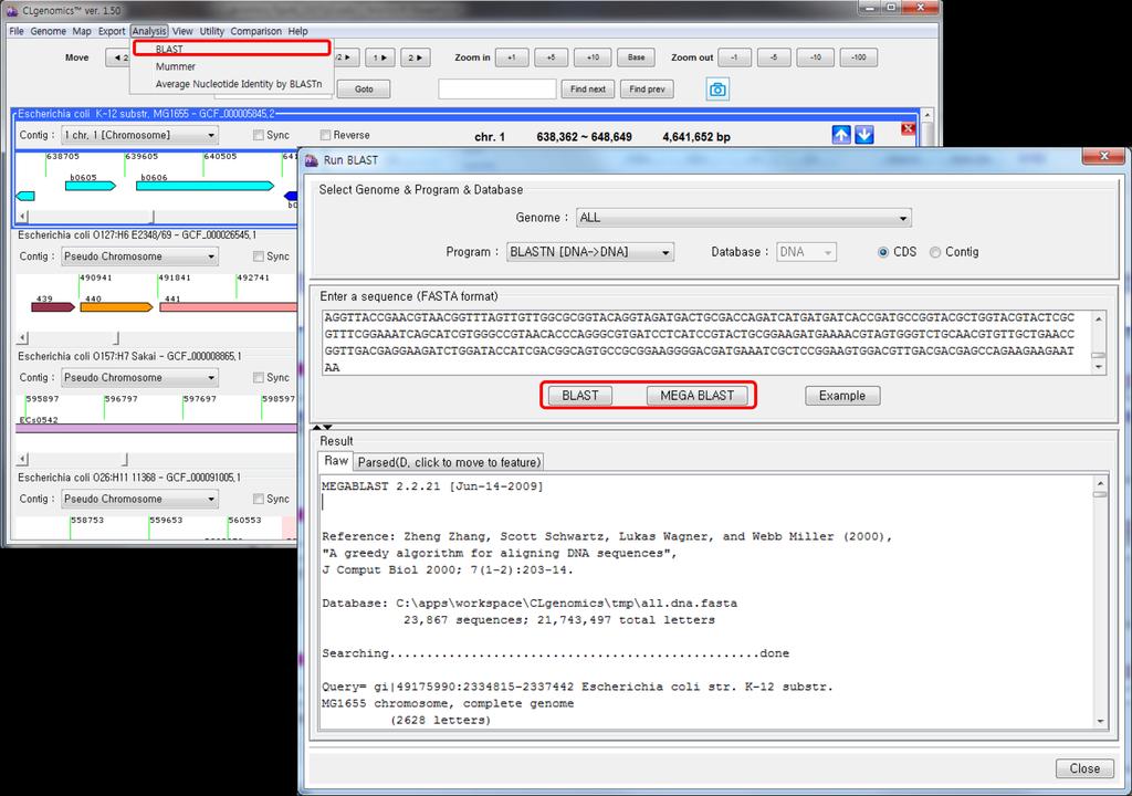대상으로하여 BLAST search를수행합니다. BLAST 결과는 1) 가공되지않은텍스트파일형태와, 2) 결과를가공한 table의두가지형태로나타나는데, CDS database에 BLAST search 했을시 table에서보여지는 BLAST hit을클릭하면해당 CDS로 Genome 패널이이동됩니다. Figure 19. CDS BLAST 탐색의예. E.