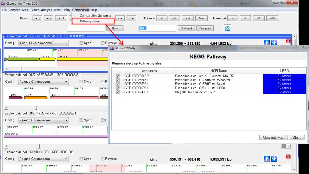 7. PATHWAY ANALYSIS CLgenomics TM 의 1.51 version 부터 KEGG annotation 정보를바탕으로 pathway 분석이가능합니다. Comparison 의 pathway viewer 를통해 pathway 정보를볼수 있습니다. Figure 21.