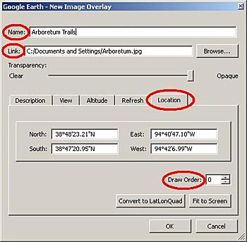 Step 3: JPEG 를링크시킨다. 준비한이미지를구글창에오버레이시킨다. -이름을정한다. -링크필드에 JPEG 파일경로를맞춘다. -필요할시, 로케이션 ( 위치 ) 탭을눌러드로우오더를맞추어야한다. 드로우오더는당신의장치에지도를표시하는순서를결정한다.