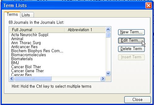 클릭 File Import 클릭 Lists 탭 Journal 선택 Terms