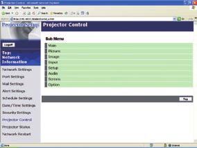 프로젝터제어 프로젝터제어 Projector Control 아래의표에보여지는항목은 [Projector Control] 메뉴를사용해서실행할수있습니다. PC 의상하화살표를사용해서항목을선택하십시오. 대부분의항목은서브메뉴를가집니다. 상세한내용은아래의표를참조하십시오. 프로젝터를제어합니다. Main Picture Power 전원을켜짐 / 꺼짐으로합니다.