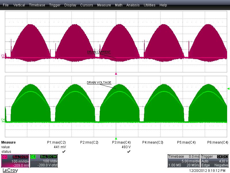 Figure 30 265 VAC, 50 Hz. Upper: I OUT, 100m A / div.