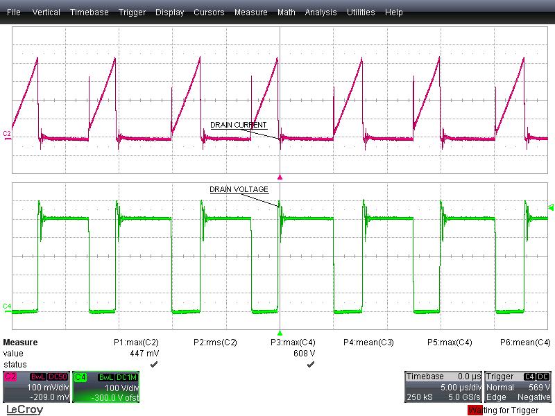 Figure 35 265 VAC, 50 Hz. Upper: I DRAIN, 100 ma / div. Lower: V DRAIN, 100 V, 5 ms / div.