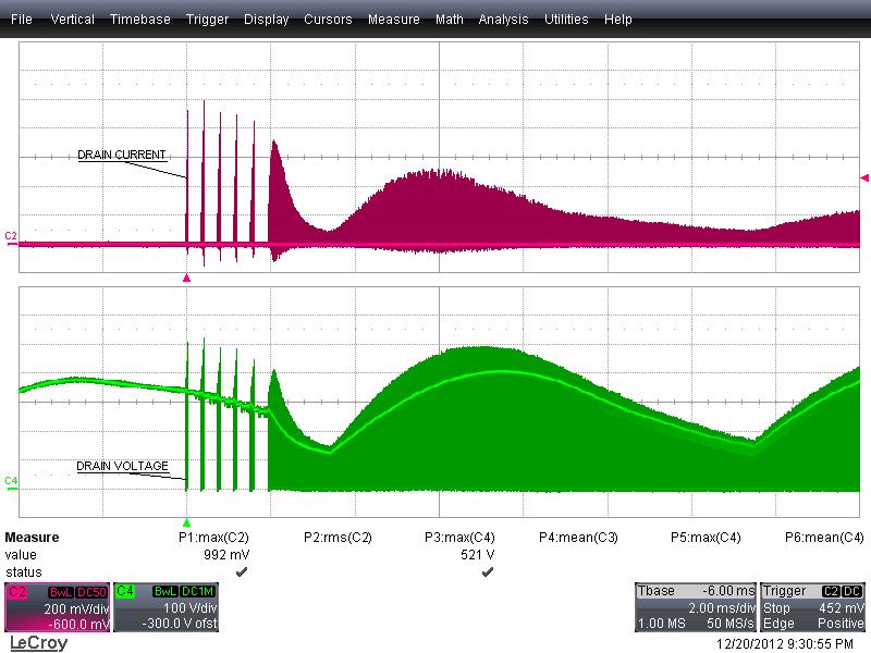 Lower: V DRAIN, 100 V, 10 s / div. Figure 39 265 VAC, 50 Hz Start-up. Upper: I DRAIN, 200 ma / div.