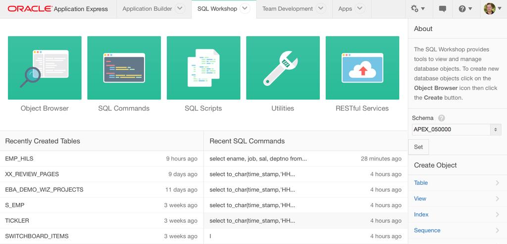 Oracle Application Express (APEX) APEX 구성요소 SQL Workshop 데이터베이스오브젝트관리부터 SQL 명령어수행, 스크립트수행,