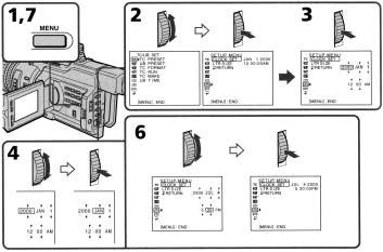 날짜와시간다시셋팅 날짜와시간은출고시셋팅이되어있습니다. 현지시간에따라시간을셋팅합니다. 약 4 개월동안캠코더를사용하지않는다면, 캠코더에설치되어있는바나듐 - 리튬배터리가방전되어날짜와시간셋팅이해제될수도있습니다 (p. 157). (1) MENU 를눌러스텐바이모드에서메뉴를디스플레이합니다. (2) SEL/PUSH EXEC 다이얼을돌려을선택한후, 다이얼을누릅니다.