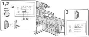 수동으로녹화 / 녹음레벨조정 - 사운드녹음레벨 자동으로녹음레벨조정하기채널 1 의녹음레벨을자동으로조정할때에는 AGC CH1 을 ON 으로셋팅합니다. 그리고채널 2 의녹음레벨을자동으로조정할때에는 AGC CH2 를 ON 으로셋팅합니다. 녹음레벨을수동으로조정하는경우 LCD 스크린이나뷰파인더의오른쪽밑에녹음레벨이표기됩니다.