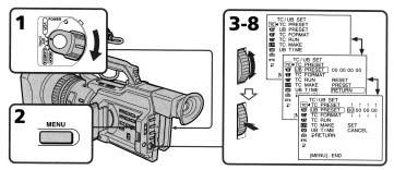 시간값셋팅 사용자비트값셋팅하기 날짜, 시간, 장면번호그리고, 타임코드에삽입된그외의정보를포함할수있게 8 자리의 16 진법으로사용자비트를셋팅할수있습니다. (1) POWER 스위치를 VCR 이나 CAMERA 로셋팅합니다. (2) MENU 를눌러메뉴를디스플레이합니다. (3) SEL/PUSH EXEC 다이얼을돌려 TC 를선택한후, 다이얼을누릅니다.