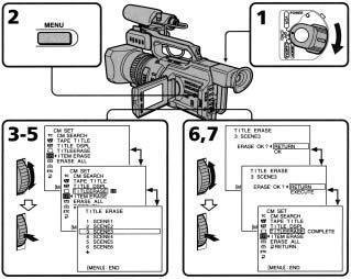 타이틀표시 타이틀삭제하기 (1) POWER 스위치를 VCR 이나 CAMERA 로셋팅합니다. (2) MENU 를눌러메뉴를디스플레이합니다. (3) SEL/PUSH EXEC 다이얼을돌려을선택한후, 다이얼을누릅니다. (4) SEL/PUSH EXEC 다이얼을돌려 TITLEERASE 를선택한후, 다이얼을누릅니다. 타이틀삭제디스플레이가나타납니다.
