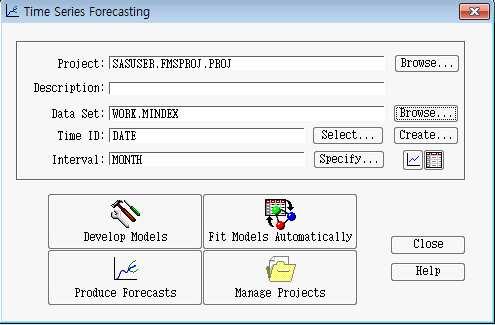 4. 시계열예측시스템 (Time Series Forecasting System) - 다음과같은단일시리즈에대한예측모델들을제공한다. exponential smoothing models, Winters method, ARIMA(Box-Jenkins) models. - 예측모델에서 predictor variables를사용할수있다.