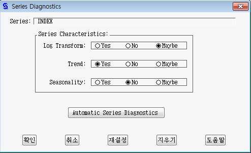 (3) Series Diagnostics Windows Time Series Viewer 대화상자가활성화되어있는상태에서도구 (T) -> 시계열진단 (S) : 시계열자료가로그변환을필요로하는지? 추세성분이있는지? 계절성이있는지? 여부를진단하기위해 Automatic Series Diagnostics 단추를클릭한다.