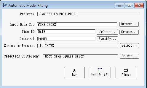 (2) Automatic Model Fitting Window 시계열예측시스템 (F) 대화상자에서 Fit Models