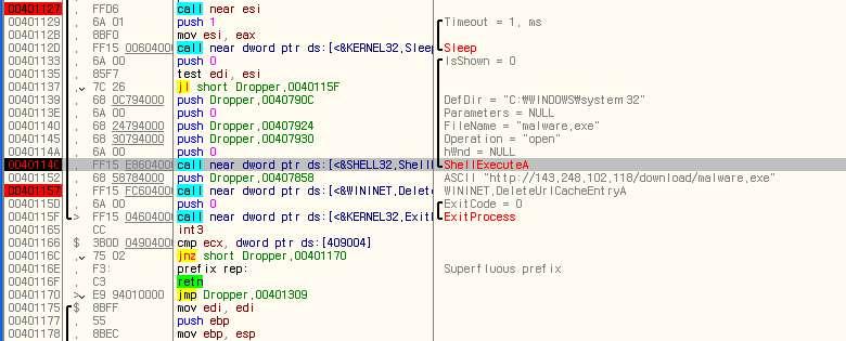 그아래그림은 call 직전의 stack 의모습이다. [ 그림 16] shellexecutea 로 malware.