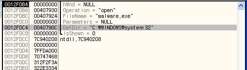 [ 그림 17] stack 의모습 [ 그림 18] DeleteUrlCacheEntryA shellexecutea api 를통해다운받은 malware.