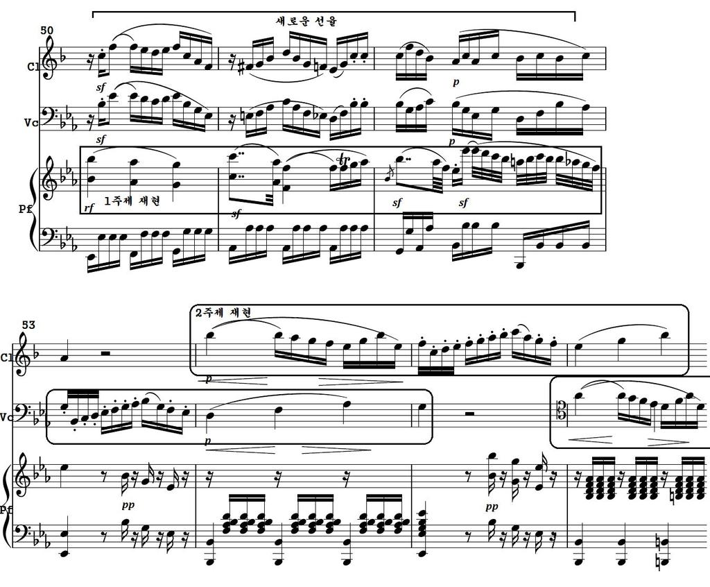 4) 코다 ( 마디 50-64) 마디 50-52는피아노에서제 1주제가재현되고, 클라리넷과첼로는옥타브의동음으로새로운선율을연주한다.