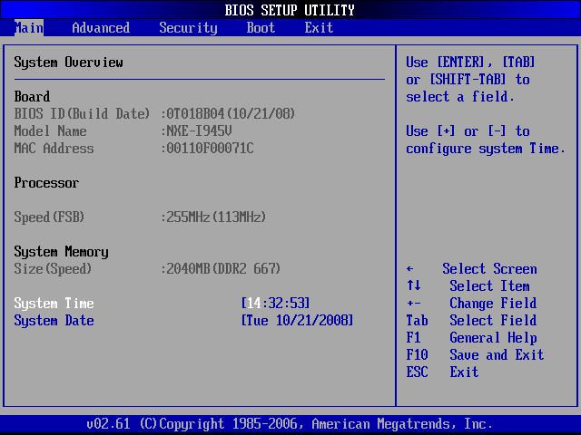 2. Main 메뉴하드웨어구성정보를보여주며시스템날짜와시간을설정할수있다. Board BIOS ID(Build Date) 없음 BIOS ID와생성날짜를표시한다. Model Name 없음 메인보드의모델이름을표시한다. MAC Address 없음 보드에내장된 LAN 장치의 MAC주소를표시한다. Processor Type 없음 CPU 종류를표시한다.
