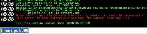 오프셋을구하기편하도록 mona 의기능중하나인패턴파일을만드는것을이용하겠습니다.!mona pc 8000 을입력합니다. 그러면 Aa0A... 라는문자의패턴이생성됩니다. 위와같이생성되었습니다. 이제위패턴을스크립트에삽입합니다. # -*- coding: cp949 -*- # 위주석꼭붙여주세요 filename = "gom_exploit.