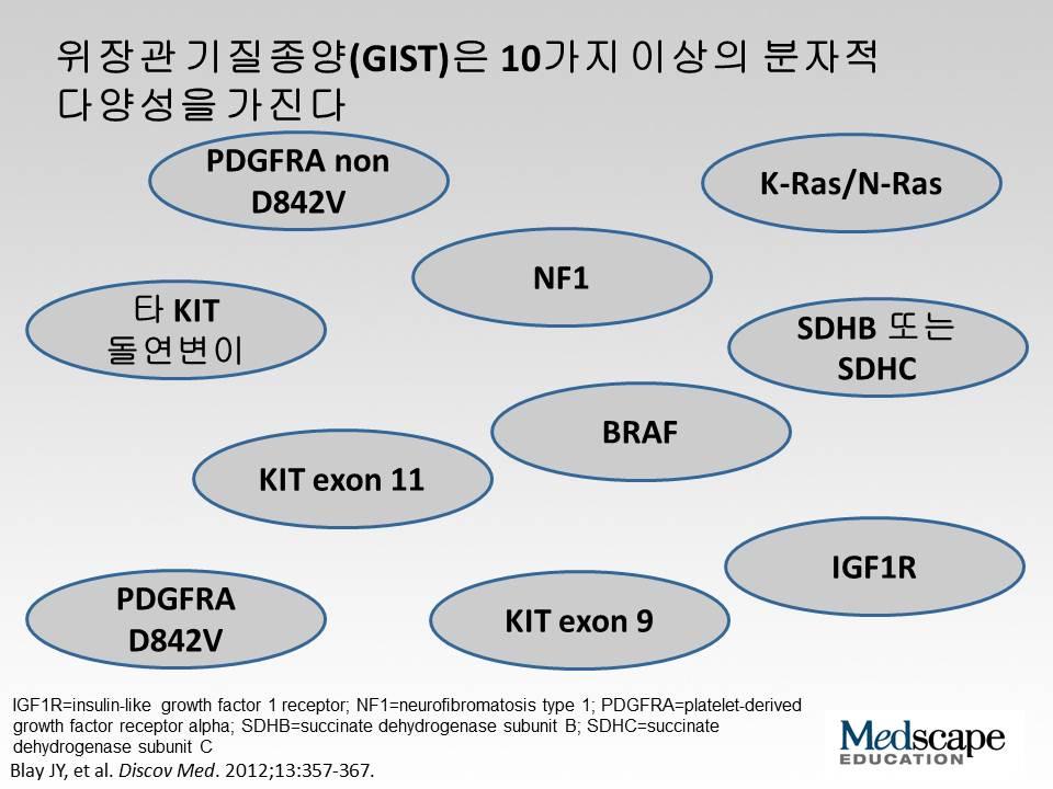 GIST는각기다른분자적구성을갖고있는이질적종양군으로이루어져있습니다. 이중 KIT 돌연변이가가장흔한유형이며, 그다음이 PDGF receptor alpha 돌연변이입니다.