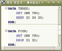 EXAMPLE: DROP 문과 KEEP 문사용하기 다음예에서는두개의 DATA SET ONE과 TWO를 SET
