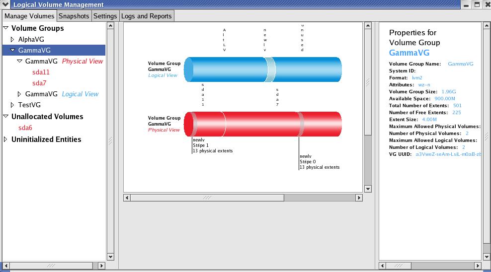 그림 8: 스토리지관리 GUI Red Hat Enterprise Linux v.4의릴리즈에이어곧바로 Mirroring(RAID1) 지원을위해 LVM2 업데이트가제공됩니다. 또한기존의 MD 멀티패스드라이버를결국대체하게될새로운멀티패스기능인 "multipath" 가현재개발중입니다. 새로운구현의주요특징은사용자수준함수와커널수준함수의분명한구분입니다.