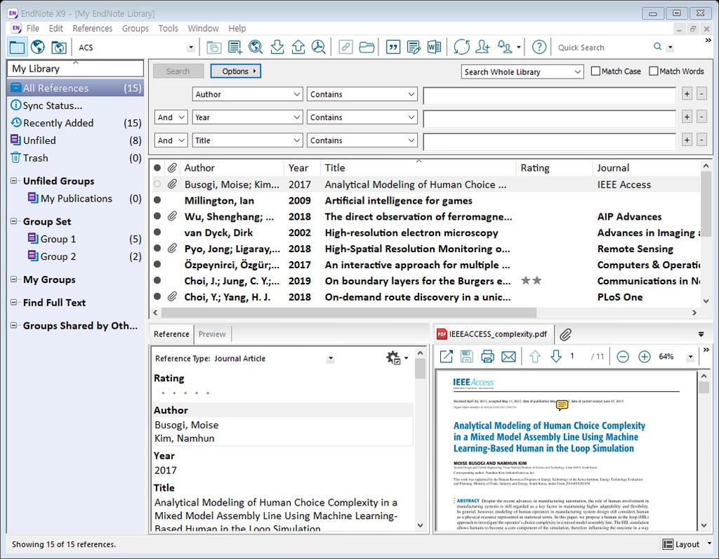 EndNote 인터페이스 1 2 3 4 5 6 7 8 구분 메뉴 기능 Local Library Mode: PC에저장된 Reference만확인 1 Mode buttons Online Search Mode: DB와연결하여 DB 검색결과확인 Integrated Library & Online Search Mode: PC Reference + DB 2