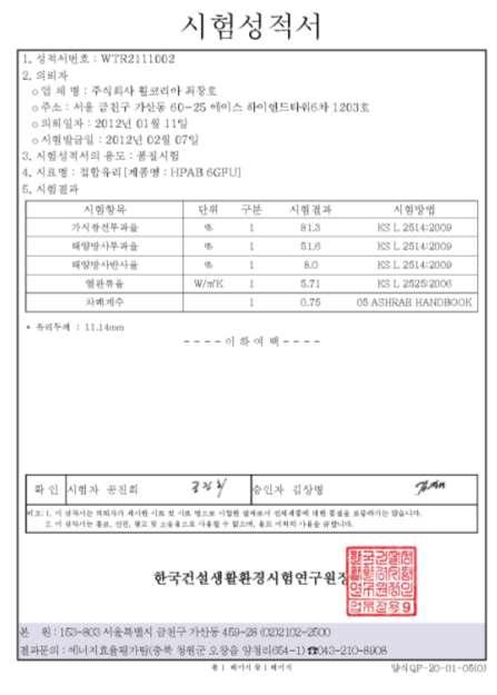 단열방탄유리 : 시험성적서 높은가시광선투과율 : 81.