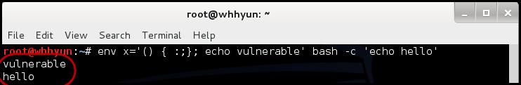 2-2. Bash Environment Variables Code injection 2-2-1. 진단방법. 수동진단은간단하게, Shell 창하나에서진단이가능합니다. #bash #env x= () { :;}; echo vulnerable bash c echo hello 위와같은화면이나오면취약하다는내용입니다.