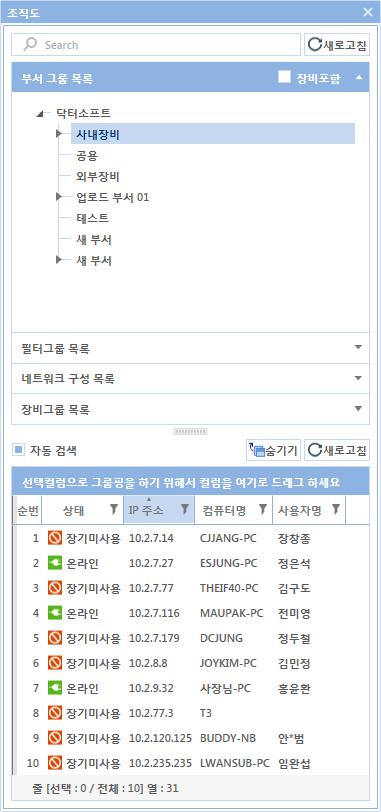 관리자임의쿼리생성 네트워크대역별생성 특정장비그룹생성 인사조직도